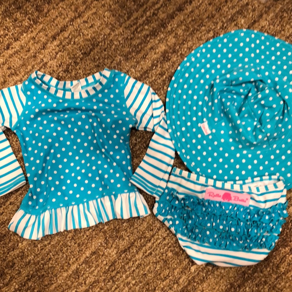 3 piece Ruffle Butts swim suit and hat set!